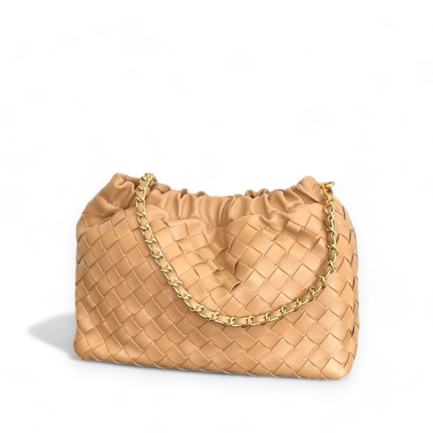 Tan woven pattern bags with ruched tops and gold chain strap on white background.