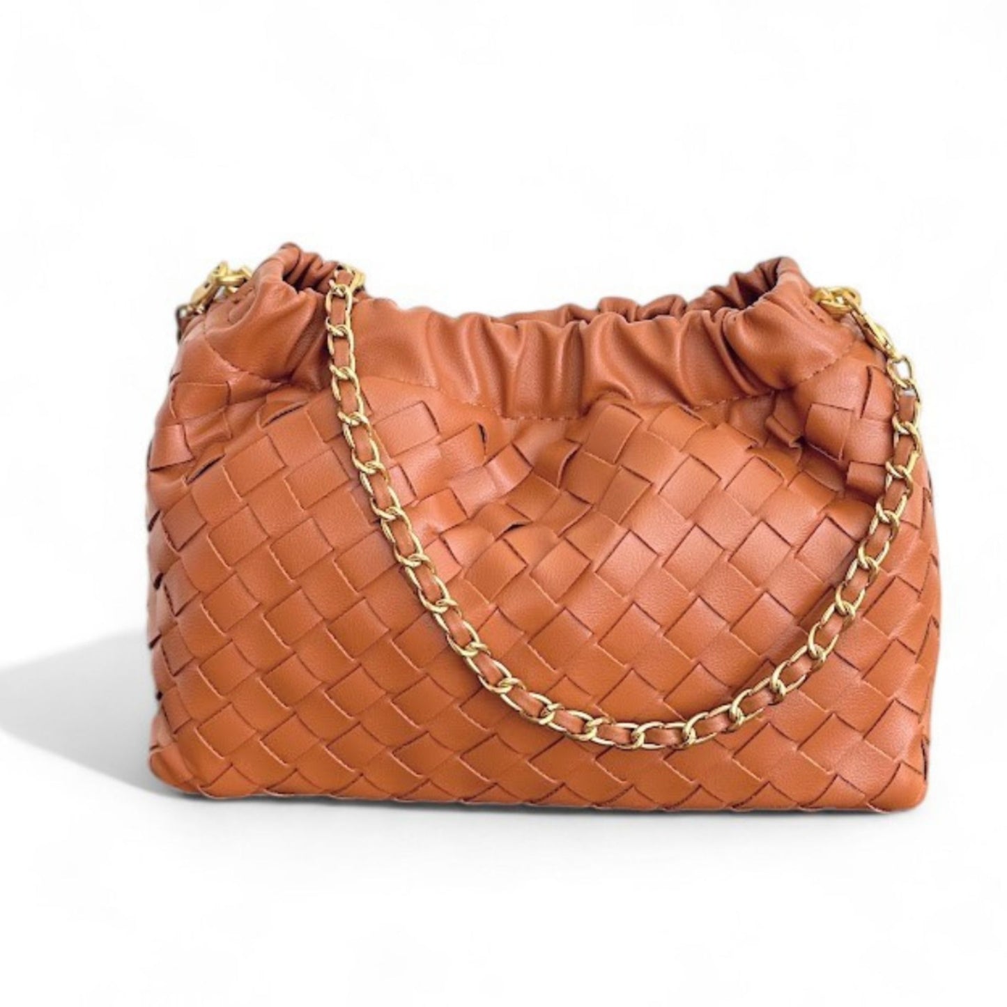 Brown woven pattern bags with ruched tops and gold chain strap on a white background.