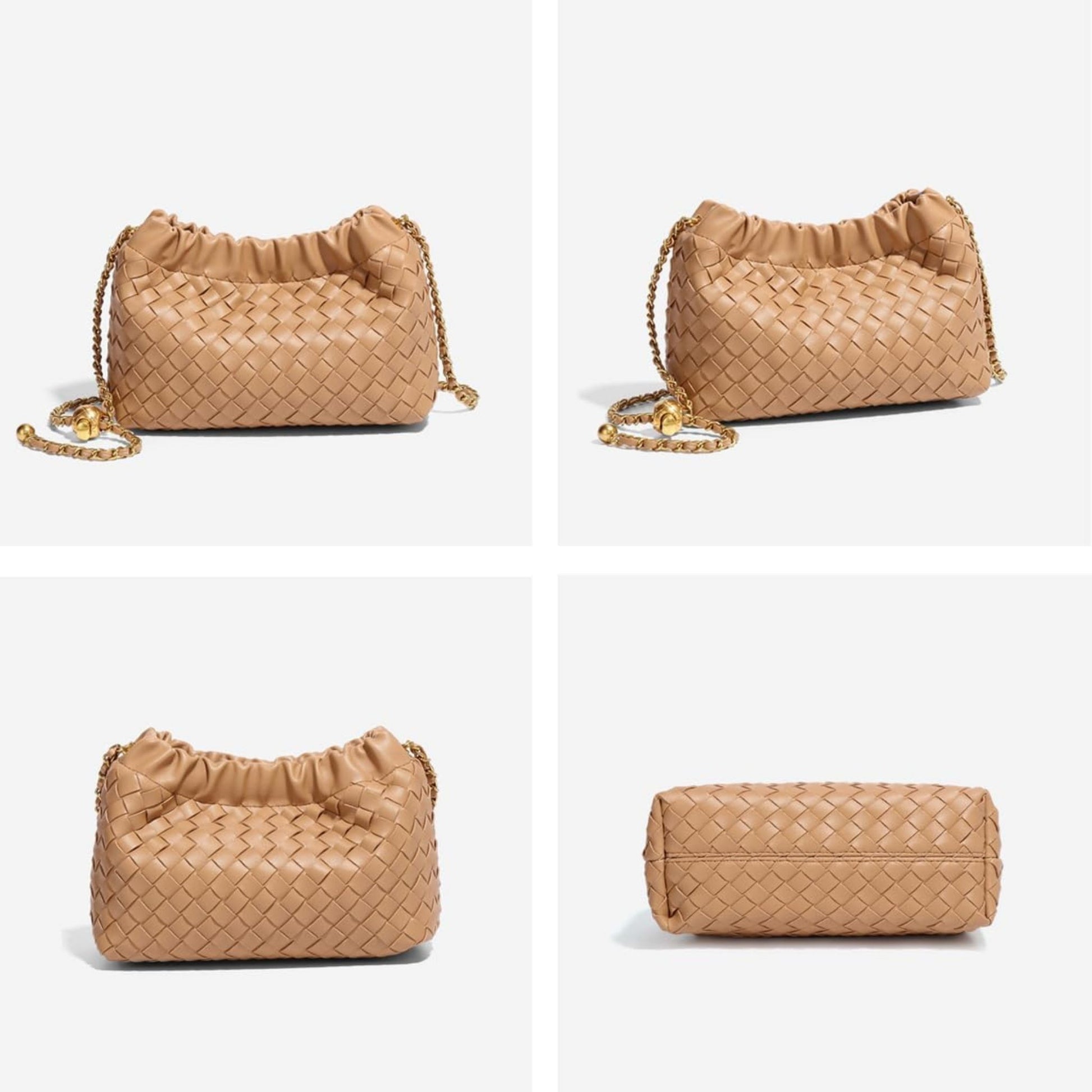 A tan woven pattern bag in 4 different angles. front, side, back and bottom.