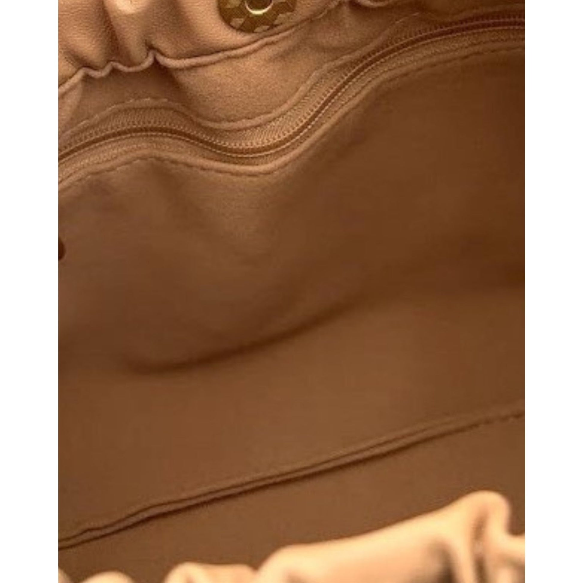 Interior of a bag in tan with a zip pocket and velvet lining.