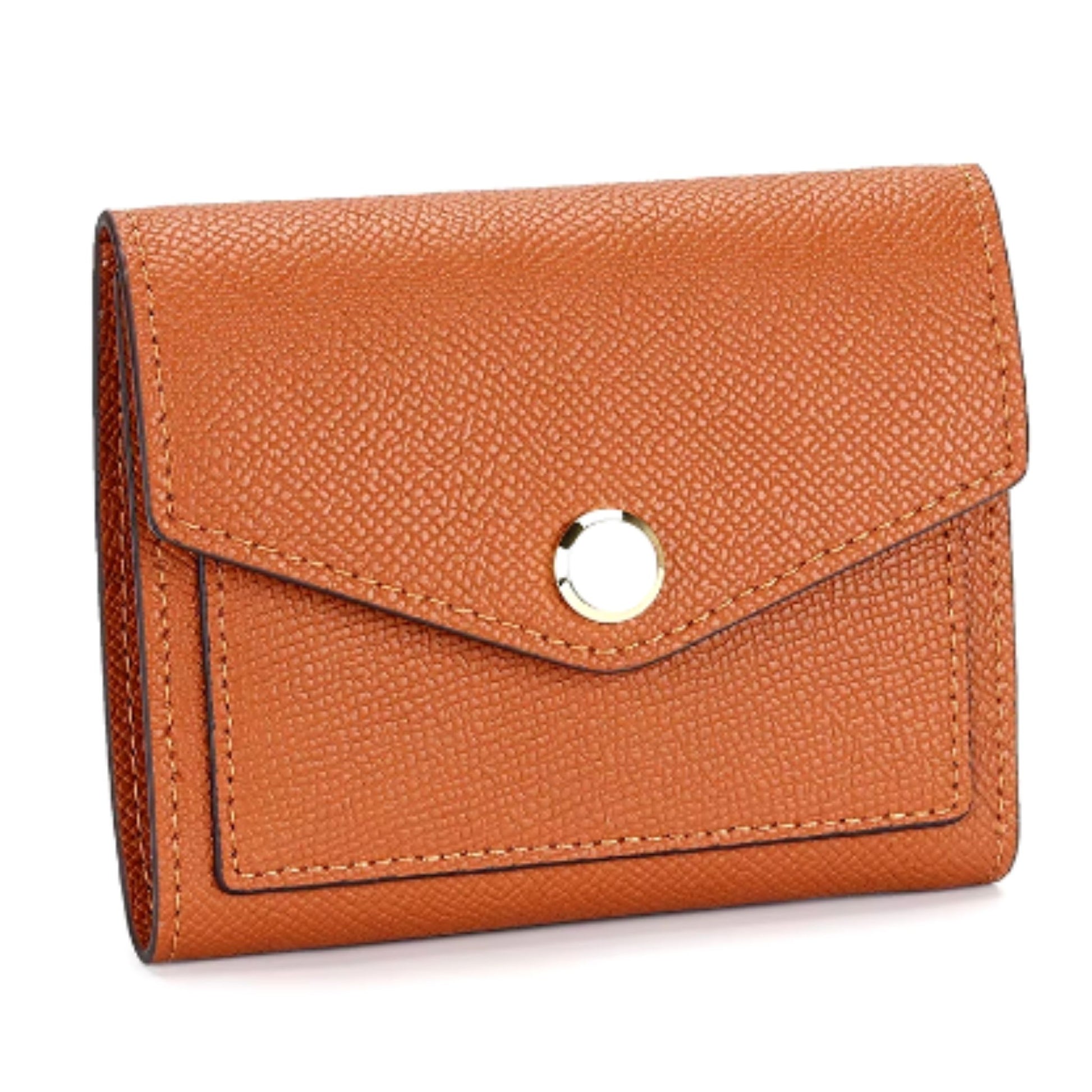 Brown wallet with grain-textured leather, featuring an envelope flap and a smooth gold button.