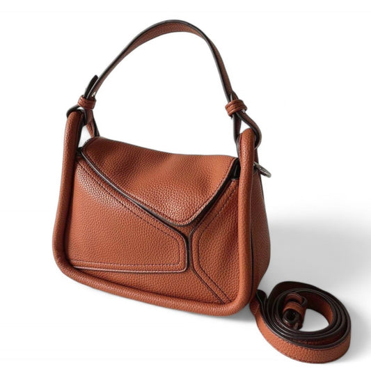Brown handbag featuring contrast stitching, top handle, and detachable long strap.