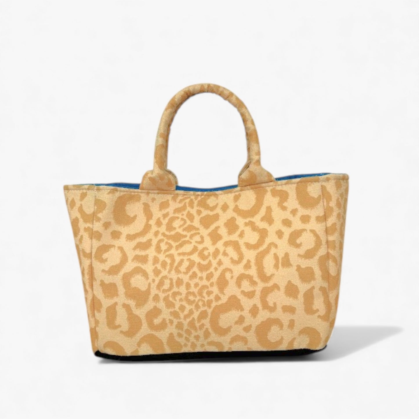 A small versatile everyday tote bag with double handles in a vibrant yellow leopard print.