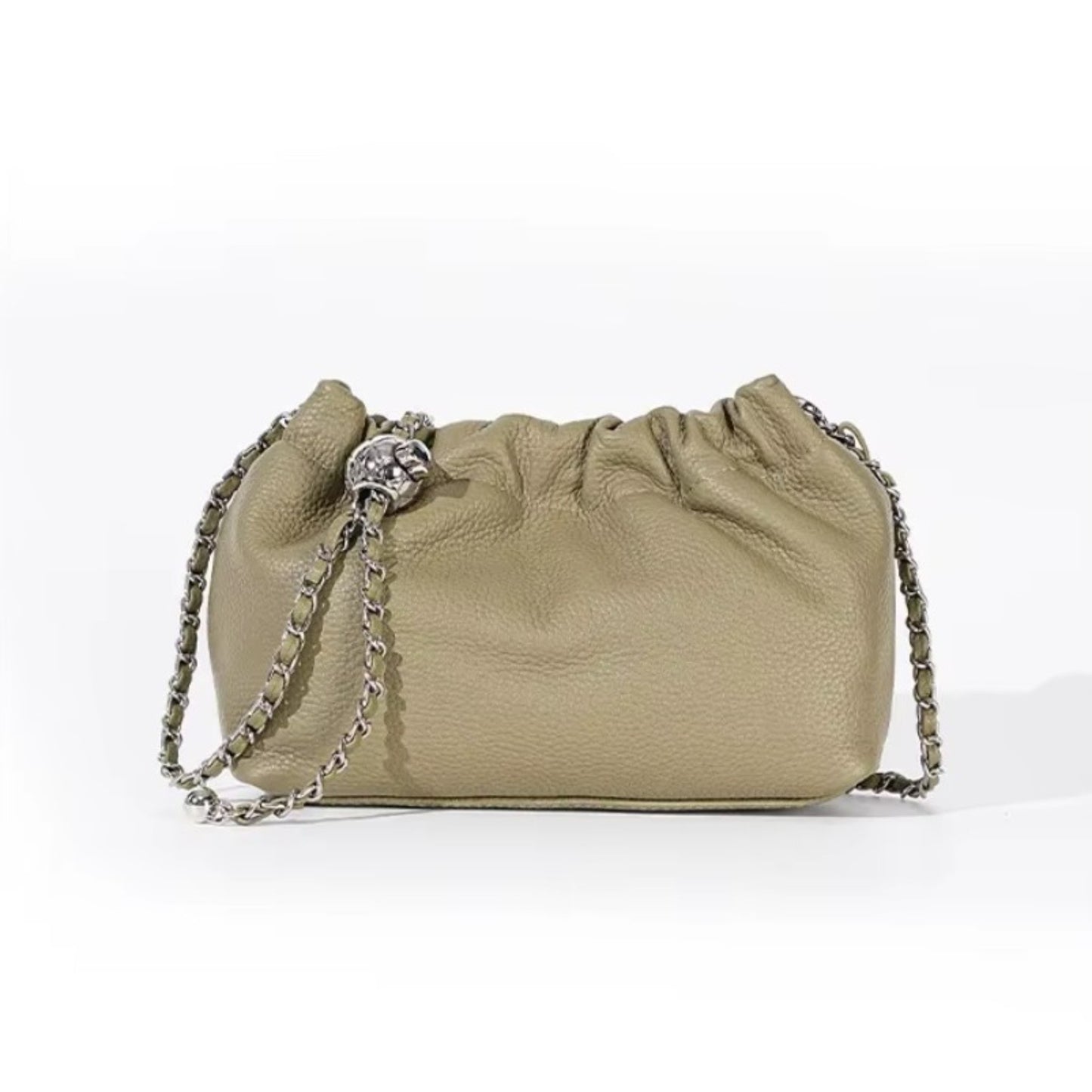 Olive green pebbled leather handbag with a silver chain strap.