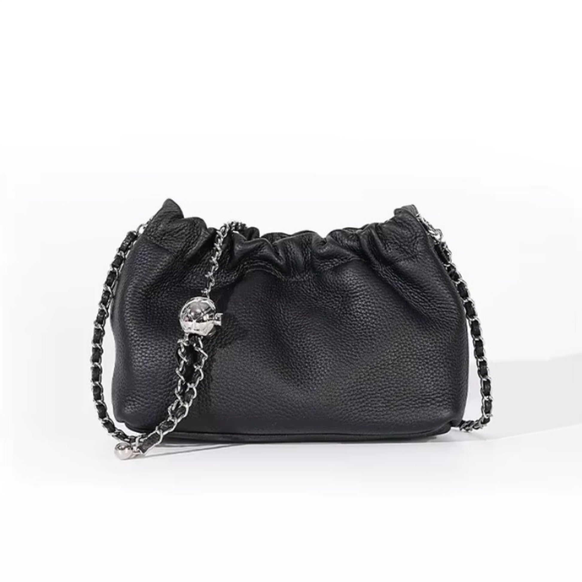 Black pebbled leather handbag with a silver chain strap.