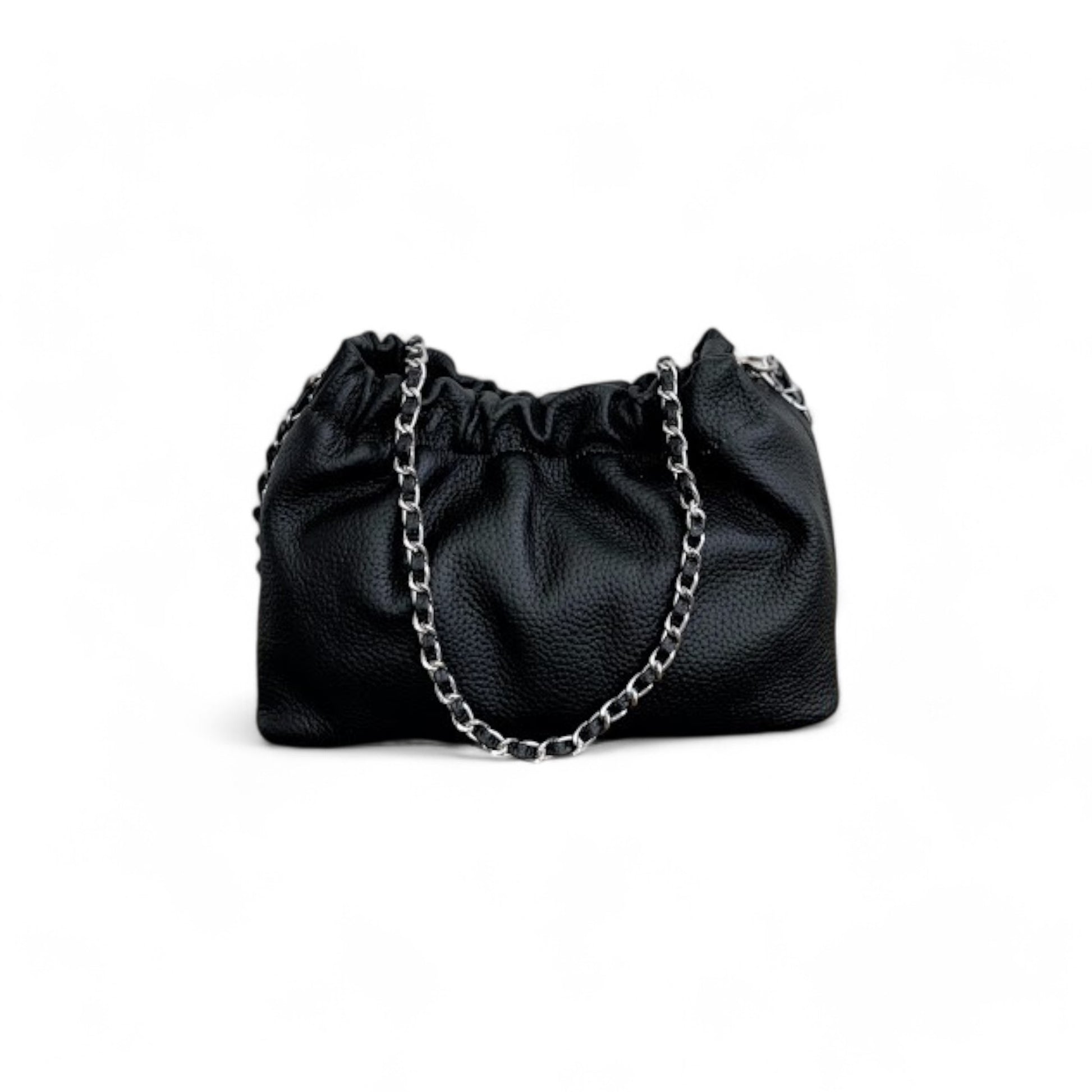 Black leather handbag with top ruched detail and a silver chain strap.