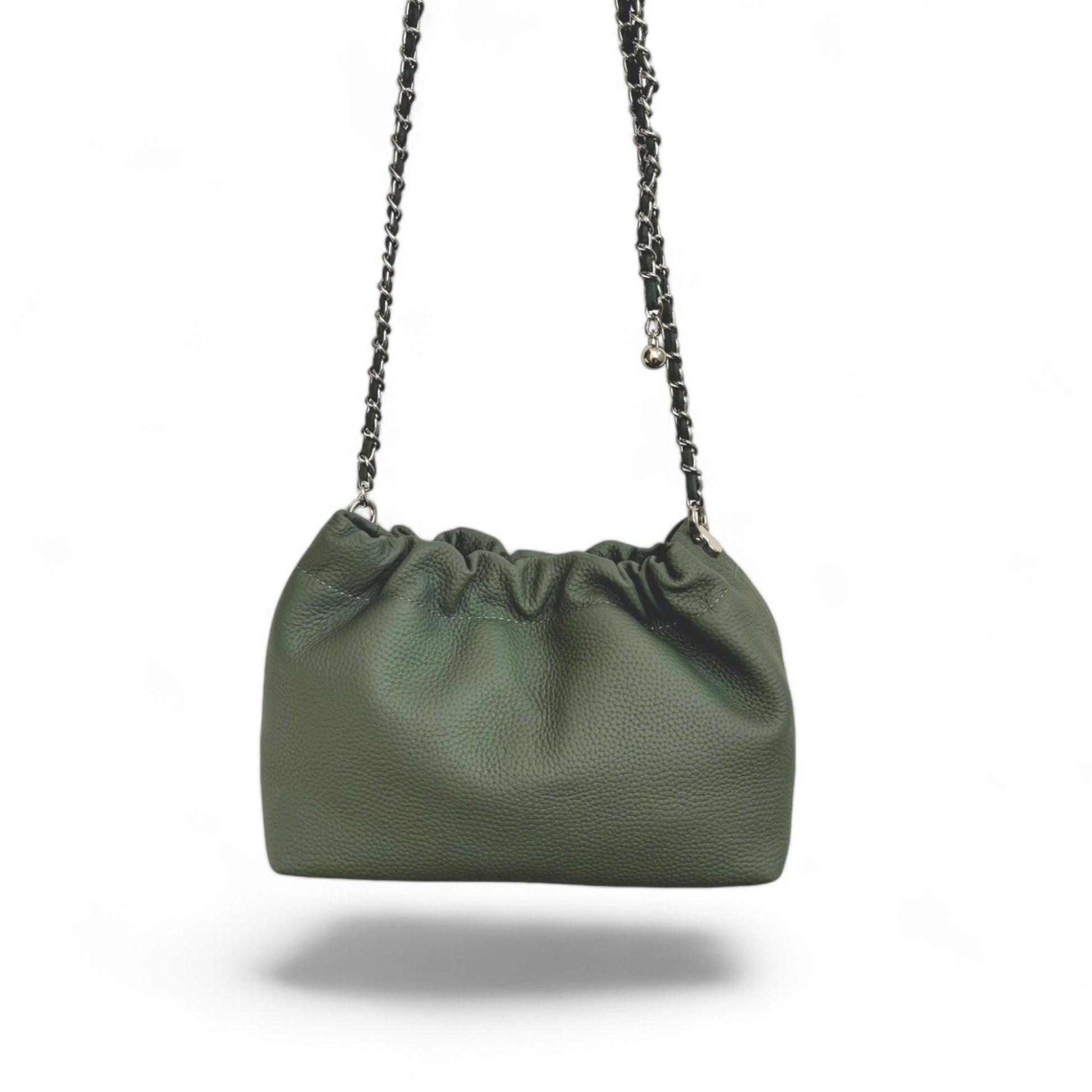 A dark blue leather handbag with a top ruched detail and a silver chain strap.