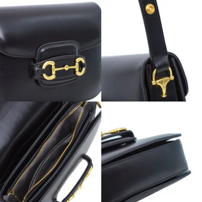 Black handbag with gold hardware shown from four different angles.